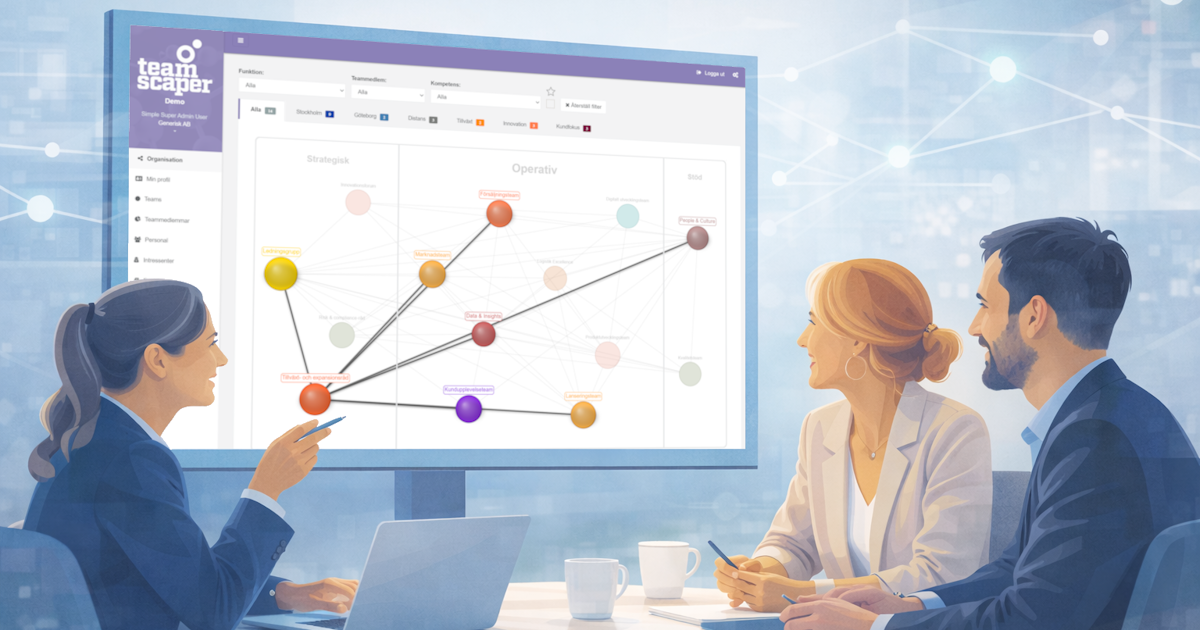 Team som sitter tillsammans och analyserar organisationens struktur på en stor skärm